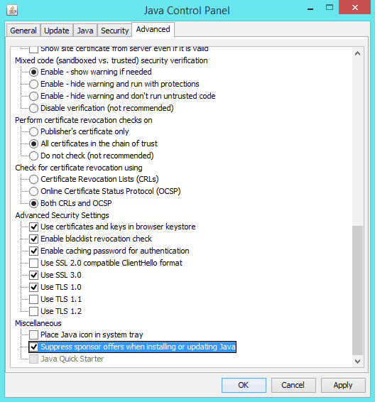 suppress sponsor offers when installing or updating java