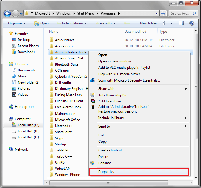 disable administrative tools by changing the properties