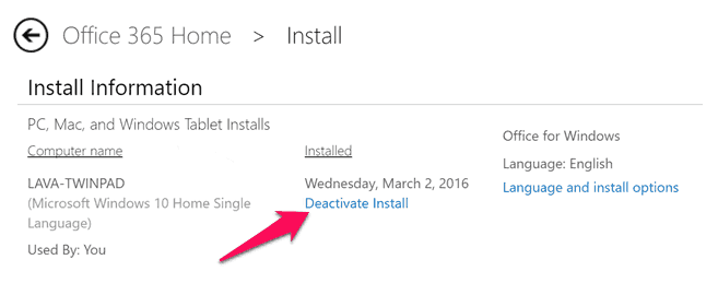 deactivate install office 365
