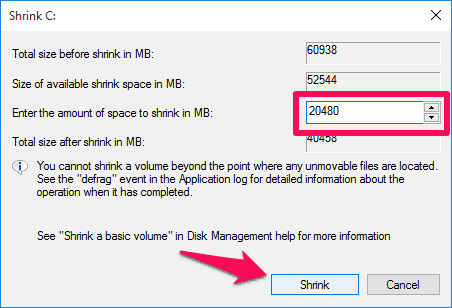 Enter the amount of space to shrink in MB