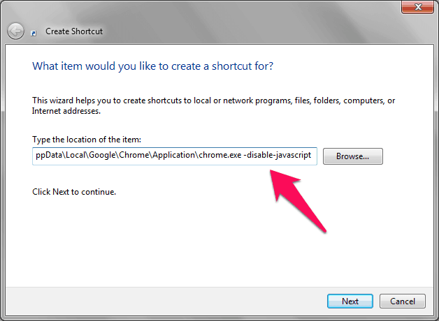 create shortcut icon disable javascript