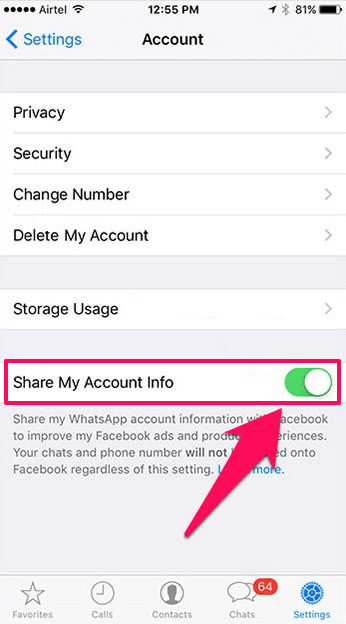 whatsapp share my account info iphone