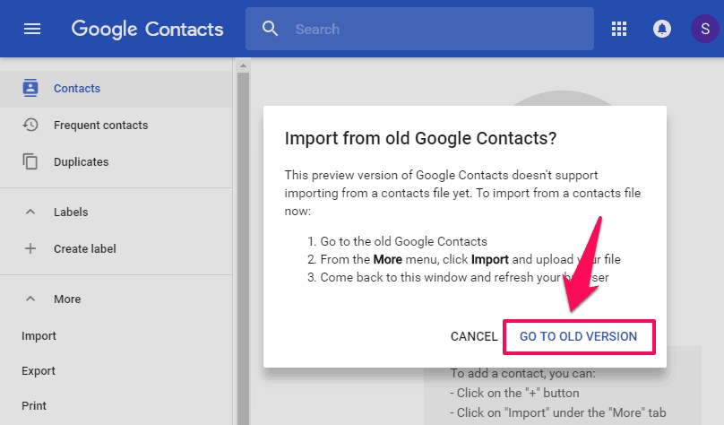 import from old google contacts