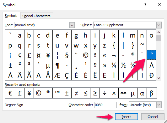how to insert degree symbol in excel