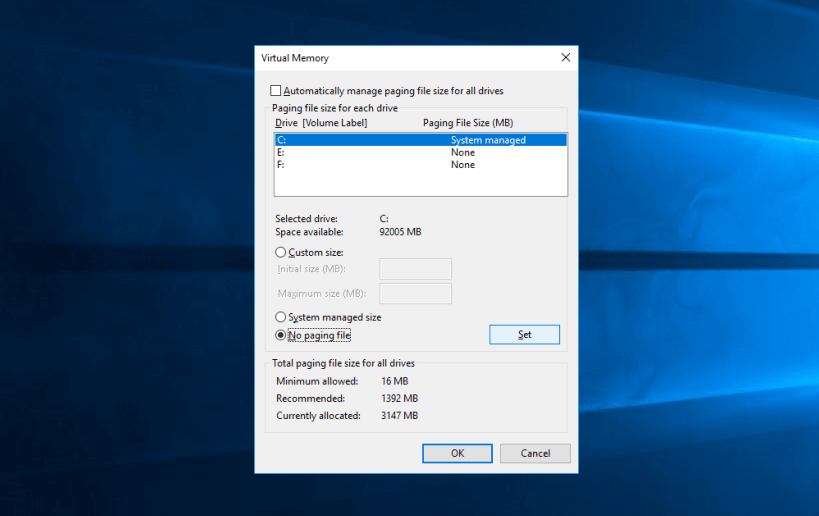 how to disable pagefile in windows 10