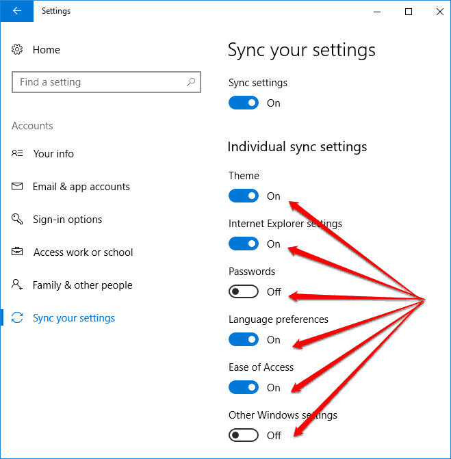 turn on sync for individual settings