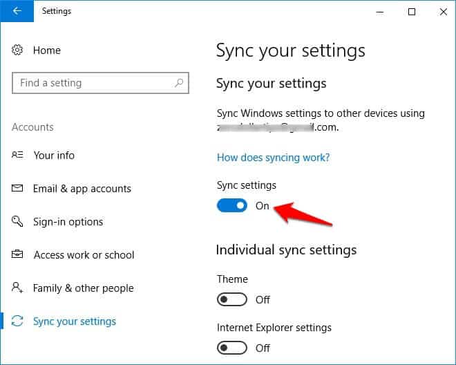 turn on sync settings