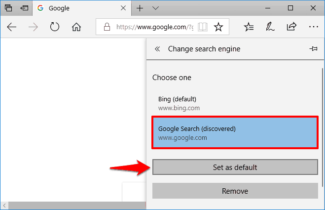 how to change the default search engine in microsoft edge to google