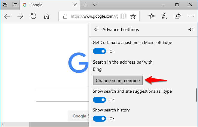 how to set google as default search engine on microsoft edge