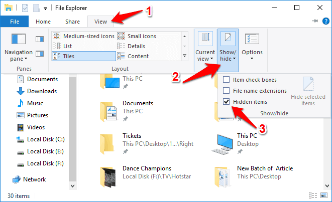 how to show hidden files windows 10