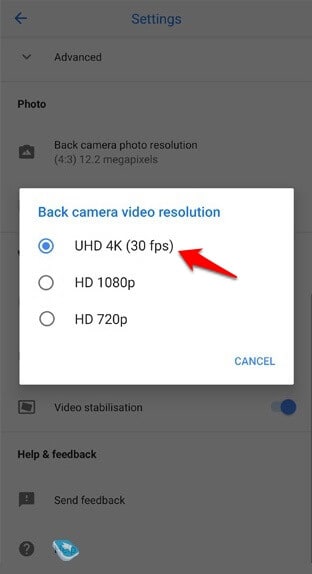 how to change video resolution on pixel 3 xl