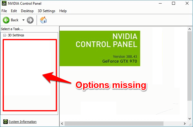 nvidia control panel windows 10 only shows 3d settings