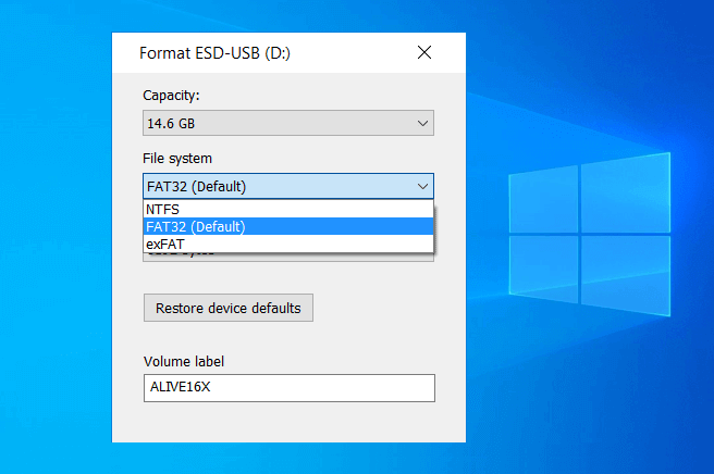 windows 10 format usb drive fat32 to ntfs