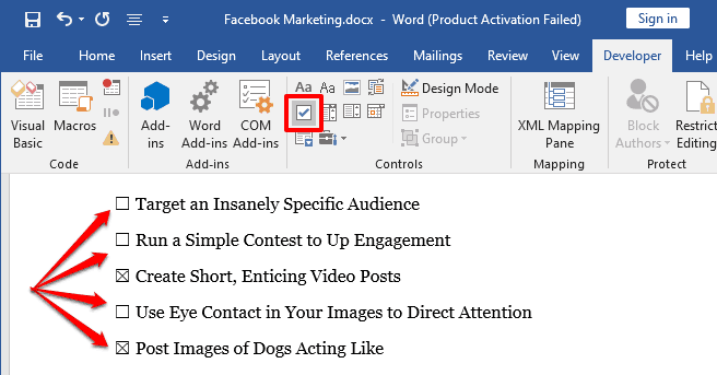 check boxes in word