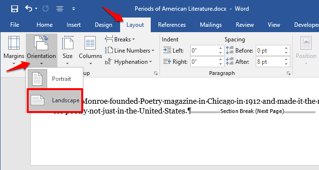 how to change orientation of one page in word document
