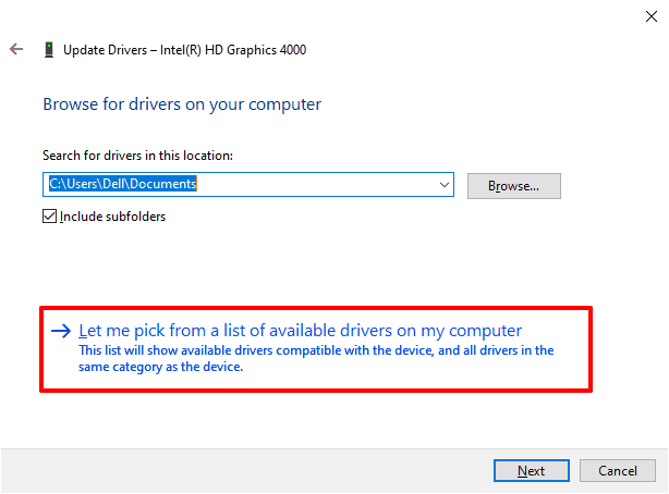 let me pick from a list of available drivers on my computer