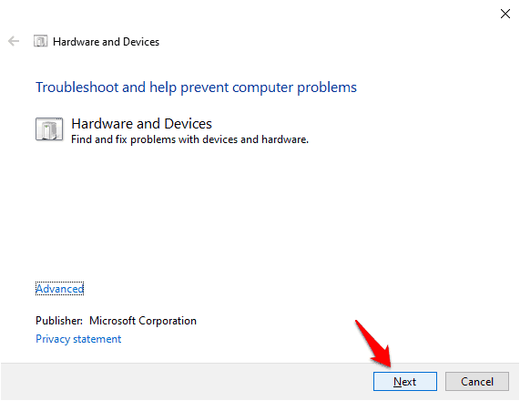 windows 10 hardware and devices troubleshooter missing