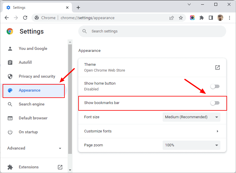 how to hide bookmarks bar in chrome