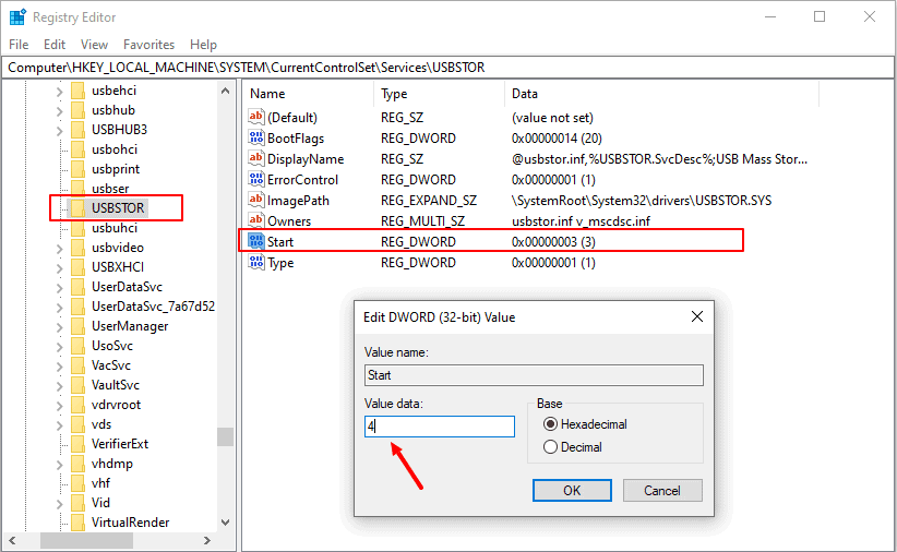 how to block usb port in windows 10 through registry